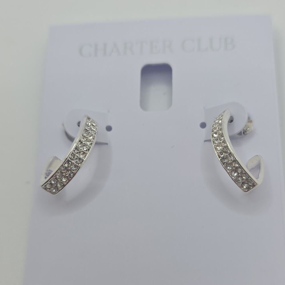 Charter Club Silver Tone Pavé Crystal Huggie Hoop Earrings Snap Closure Lobe